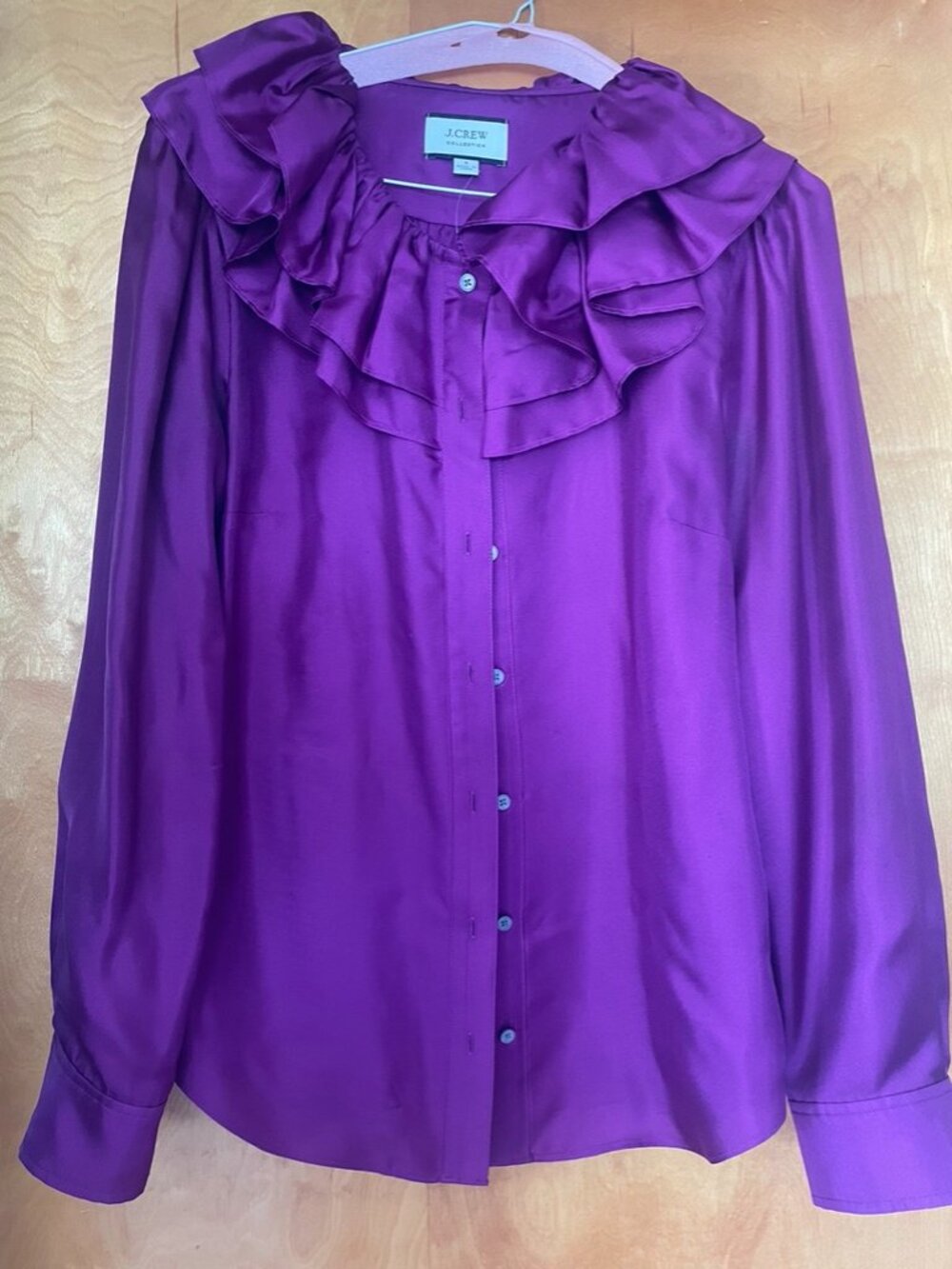 J. Crew Collection, ruffle neck, silk, fuscia, long-sleeve blouse.